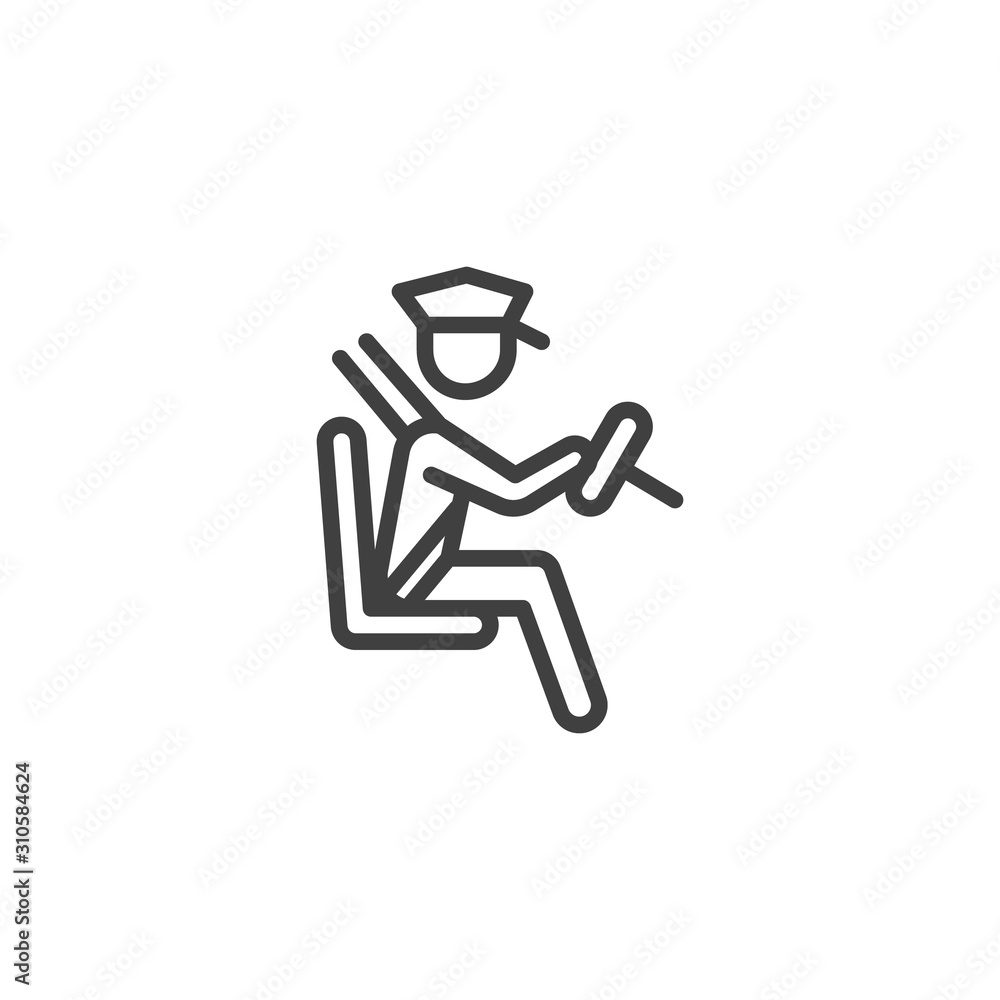 Taxi driver fastened by a seat belt line icon. linear style sign for mobile concept and web design. Taxi chauffeur, driving car outline vector icon. Symbol, logo illustration. Vector graphics Taxi driver fastened by a seat belt line icon. linear style sign for mobile concept and web design. Taxi chauffeur, driving car outline vector icon. Symbol, logo illustration. Vector graphics