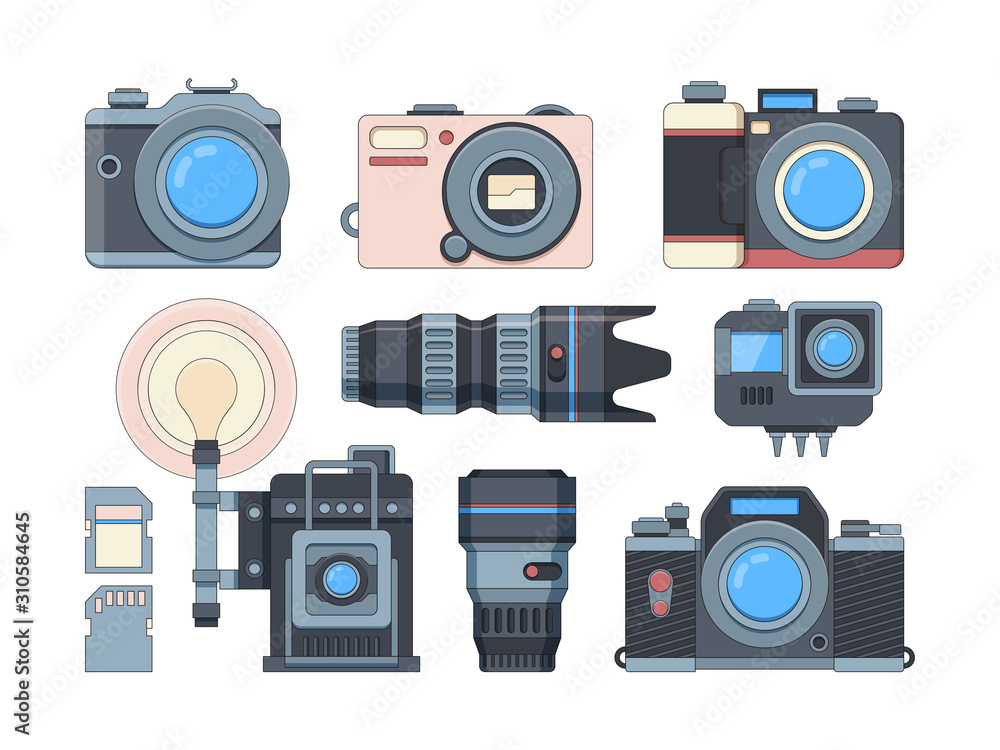 Cameras and memory cards flat illustrations set Cameras and memory cards flat illustrations set