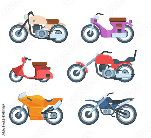 Colorful modern motorbike transportation flat illustrations set