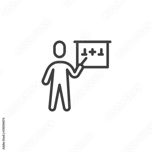 Mathematics teacher line icon. linear style sign for mobile concept and web design. Teacher teaching count arithmetic sums outline vector icon. Symbol, logo illustration. Vector graphics