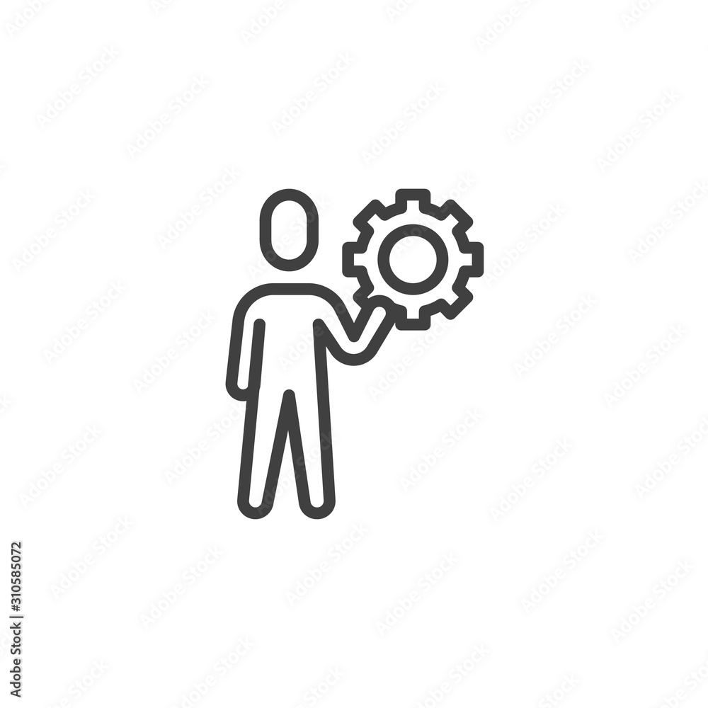 Industrial engineer worker line icon. linear style sign for mobile concept and web design. Man with cog gear outline vector icon. Symbol, logo illustration. Vector graphics Industrial engineer worker line icon. linear style sign for mobile concept and web design. Man with cog gear outline vector icon. Symbol, logo illustration. Vector graphics