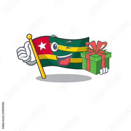 happy face flag togo Scroll character with gift box