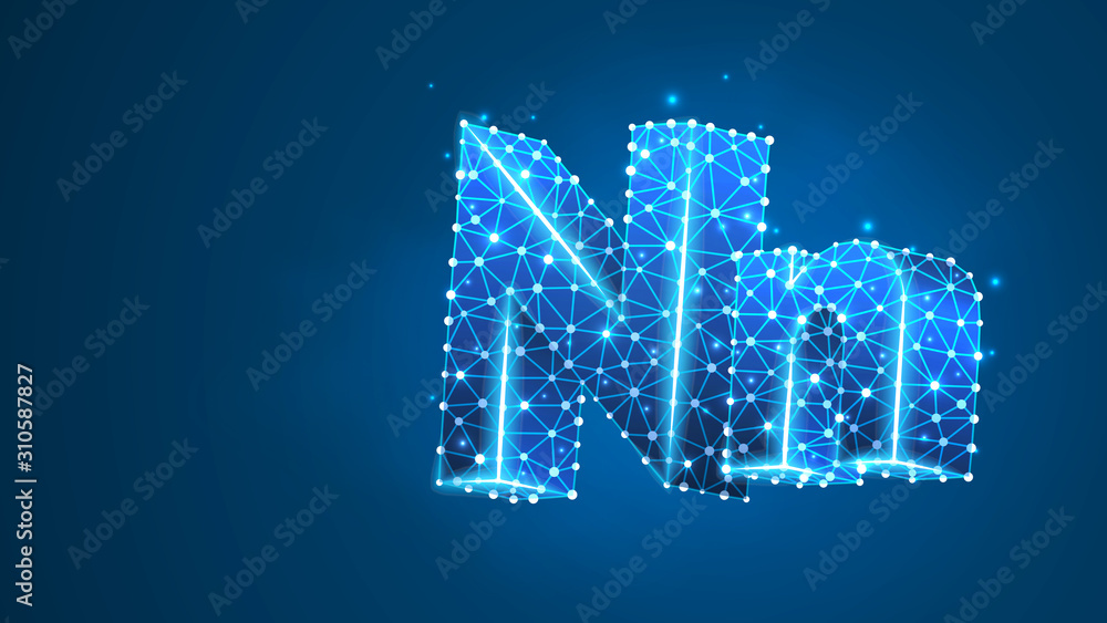 Alphabet letter N. Design of an Uppercase and lowercase letters. Banner, template or a pattern. Abstract digital wireframe, low poly mesh, Raster blue neon 3d illustration. Triangle, line, dot