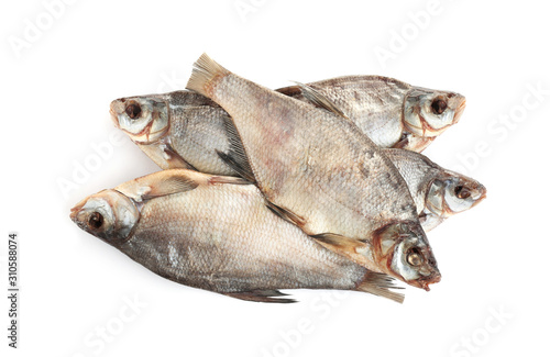Tasty dried fish isolated on white  top view. Seafood