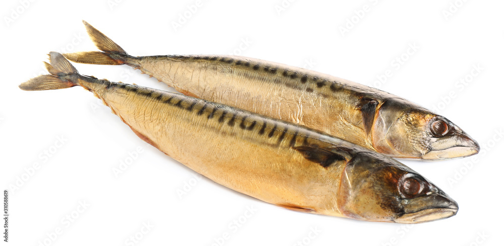 Tasty smoked mackerel fish isolated on white, top view Tasty smoked mackerel fish isolated on white, top view