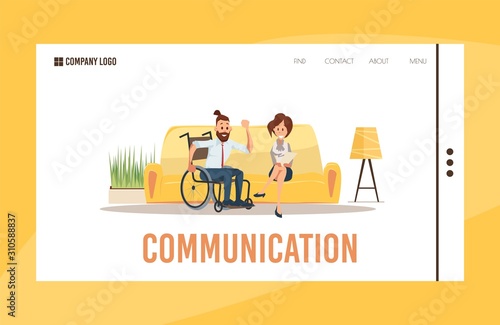 Psychological Support and Help for People with Disabilities Trendy Flat Vector Web Banner, Landing Page. Female Psychologist, Woman Communicating, Talking Counseling Man in Wheelchair Illustration