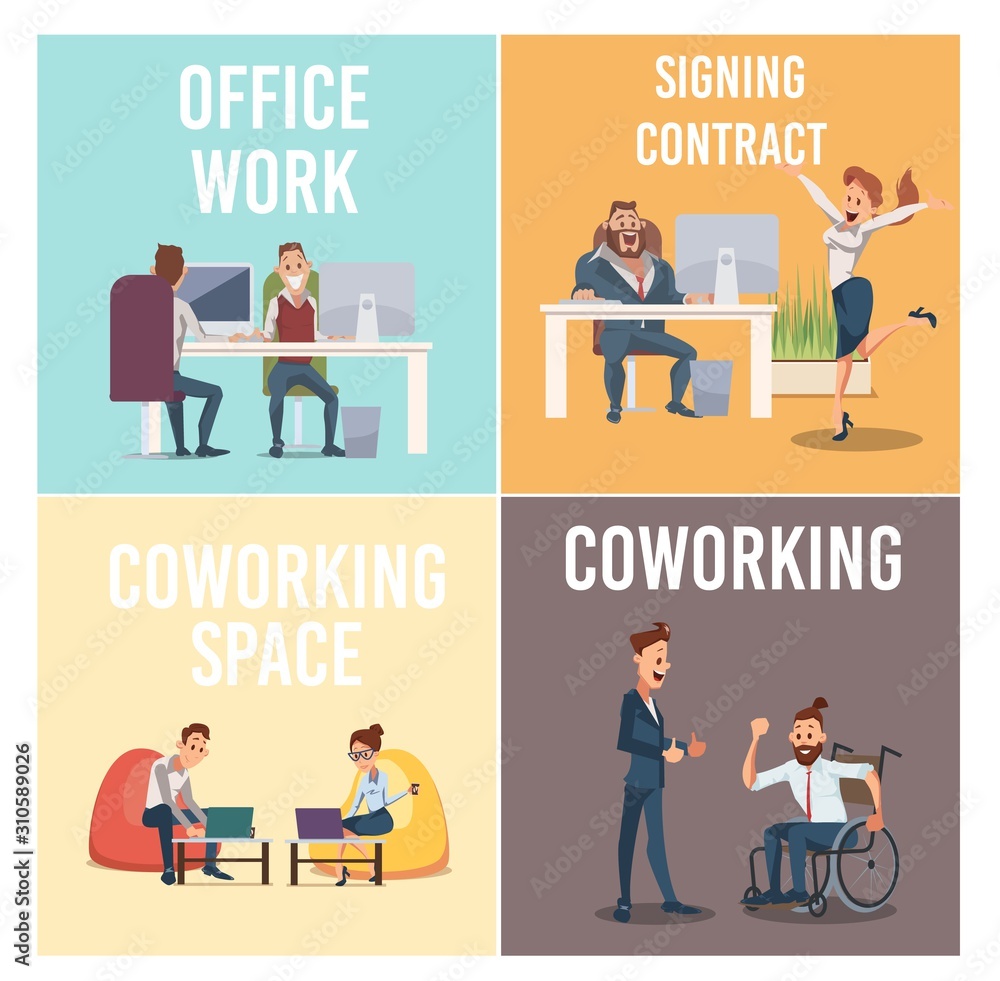 Coworking Space for Successful Business Trendy Flat Vector Square Ad Banners, Promo Posters Templates Set. Entrepreneurs, Employees Working in Comfort Office, Celebrating Achievement Illustration Coworking Space for Successful Business Trendy Flat Vector Square Ad Banners, Promo Posters Templates Set. Entrepreneurs, Employees Working in Comfort Office, Celebrating Achievement Illustration