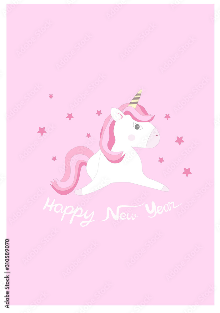 Cute Pink Unicorn on New Year 2020 card, Postcard, cute wallpaper, pink background