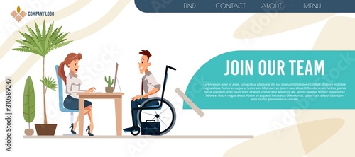 Human Resources Services, Recruiting Agency, Job Opportunities Search Trendy Flat Vector Web Banner, Landing Page Template. Hr Manager, Boss Conducting Job Interview with Disabled Man Illustration