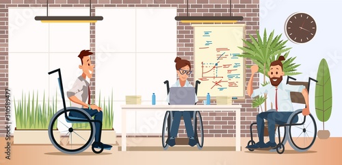 Disabled People Teamwork and Cooperation in Work Trendy Flat Vector Concept with Men and Woman, Female, Male Employees in Wheelchairs Working Together in Office, Planning Project Illustration