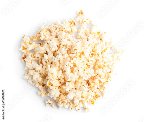 Tasty fresh pop corn isolated on white, top view