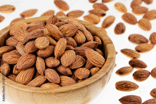 Almonds, a great comfort food and snack on white background