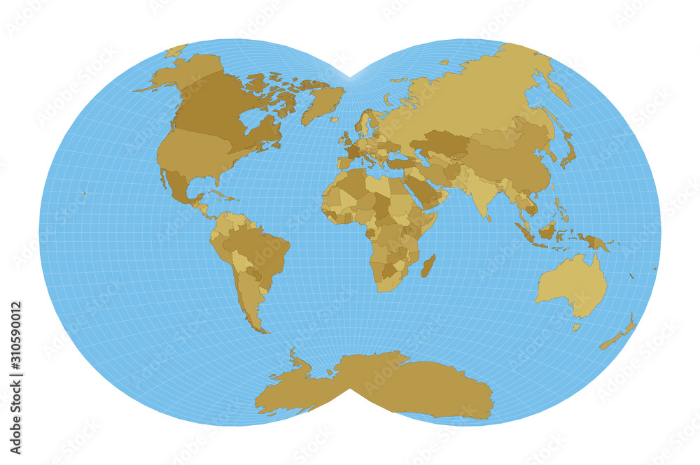 World Map. Van der Grinten IV projection. Map of the world with meridians on blue background. Vector illustration.