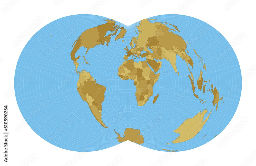World Map. Rectangular (War Office) polyconic projection. Map of the world with meridians on blue background. Vector illustration.
