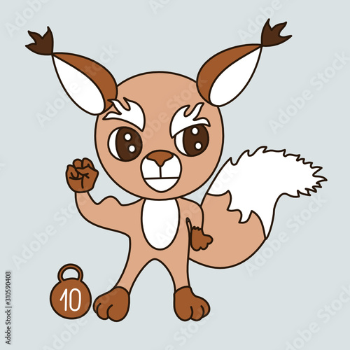 emoticon with a cool harsh squirrel bodybuilder who lifts a kettlebell, simple emoji clip art on a gray isolated background