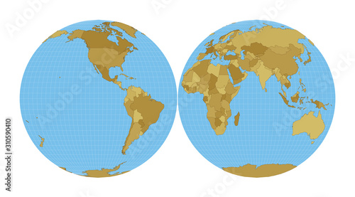 World Map. Mollweide projection interrupted into two equal-area hemispheres. Map of the world with meridians on blue background. Vector illustration.