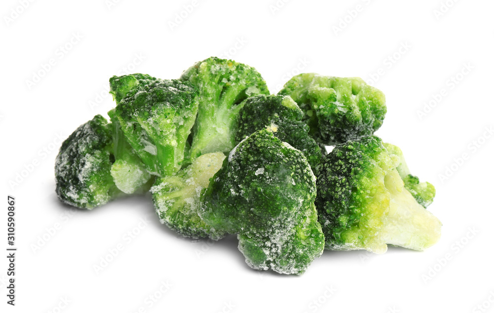 Pile of frozen broccoli florets isolated on white. Vegetable preservation Pile of frozen broccoli florets isolated on white. Vegetable preservation