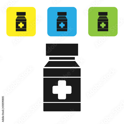 Black Dog medicine bottle and pills icon isolated on white background. Container with pills. Prescription medicine for animal. Set icons colorful square buttons. Vector Illustration