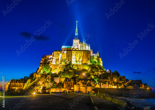 Beautiful view of historic landmark Le Mont Saint-Michel in Normandy, France, a famous