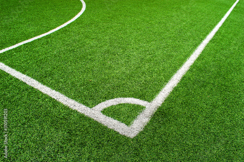 white line the corner Artificial turf on green gress soccer pitch  football field
