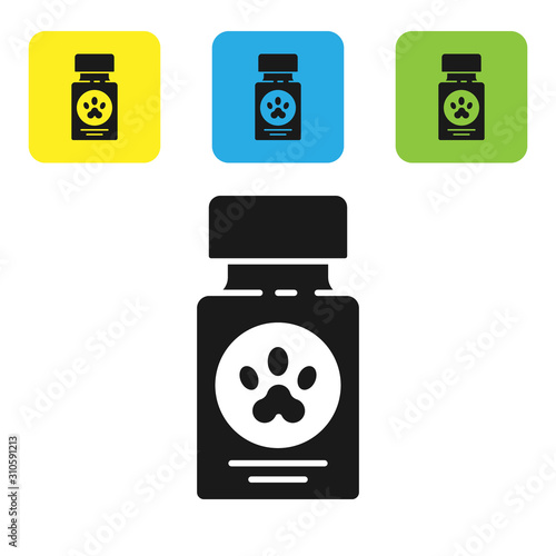 Black Dog medicine bottle and pills icon isolated on white background. Container with pills. Prescription medicine for animal. Set icons colorful square buttons. Vector Illustration