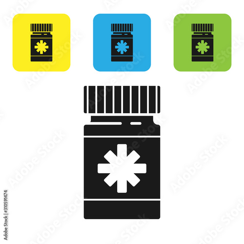 Black Dog medicine bottle and pills icon isolated on white background. Container with pills. Prescription medicine for animal. Set icons colorful square buttons. Vector Illustration