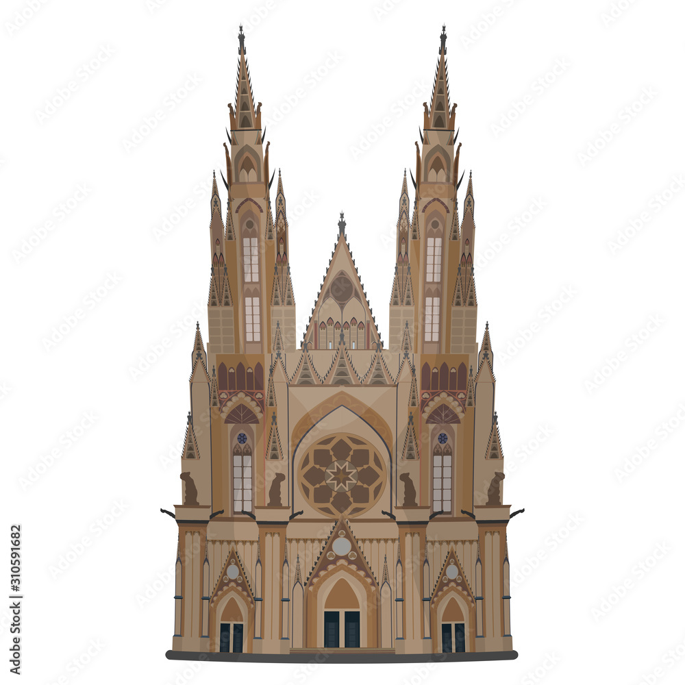 Vector sketch of St. Vitus Cathedral. High detail gothic cathedral. Landmark of Prague, Prague, Czech Republic. Well suited for the design of postcards, booklets, travel banners and posters.