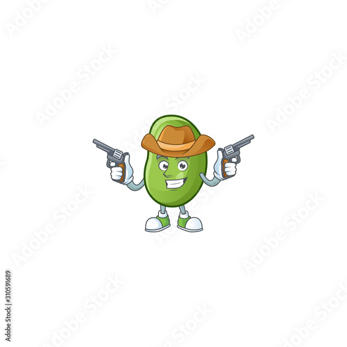 Smiling green beans mascot icon as a Cowboy holding guns