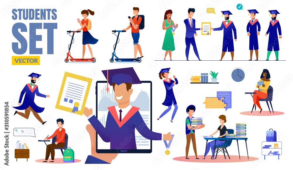 Modern College or University Students Trendy Flat Vector Characters Set. Female, Male Students Riding Scooter, Celebrating Graduation, Writing Test, Studying Online, Working in Library Illustration