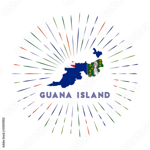 Guana Island sunburst badge. The island sign with map of Guana Island with Virgin Islander flag. Colorful rays around the logo. Vector illustration.