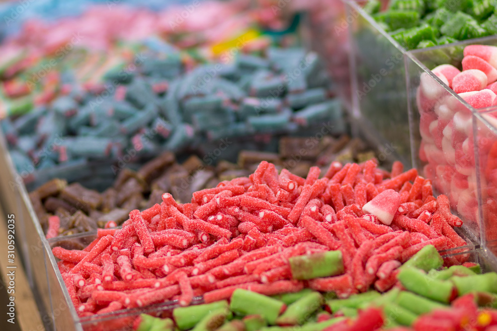 Rubber candies in all kinds of colors and flavors. In the form of hearts, teddy bears, bananas, stars, snakes and much more. Tasty fresh and good. Kosher Food, Mahane Yehuda Market, Jerusalem, Israel.