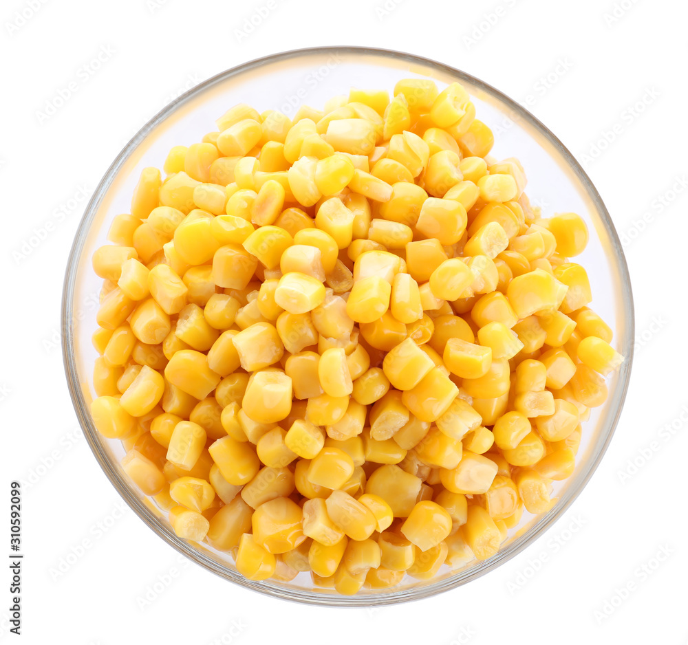 Delicious canned corn in bowl isolated on white, top view Delicious canned corn in bowl isolated on white, top view
