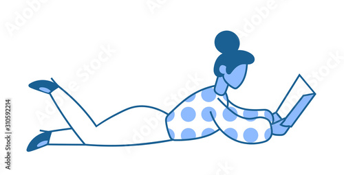 Young woman reading a book on the floor. Colorful flat vector illustration. Isolated on white background.