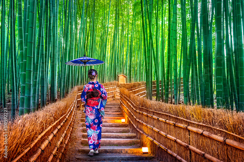 Bamboo Forest. Asian woman wearing japanese traditional kimono at Bamboo Forest in Kyoto, Japan. photo