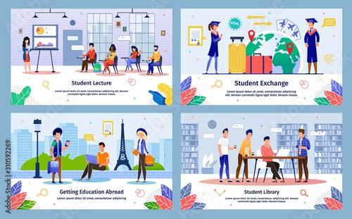 Student Exchange Program, College Lectures Courses, Abroad Education, University Library Services Trendy Flat Vector Banner, Poster Template Set. Studying Female, Male Students Characters Illustration
