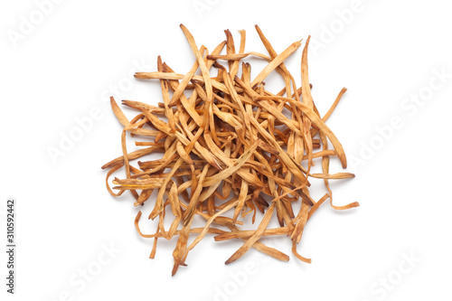Pile of dried daylily flower isolated on white background. Top view.