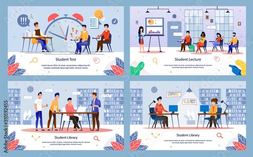 Modern Student College Education Daily Life Routine Trendy Flat Vector Banners, Posters Templates Set with Students Studying on Lecture, Visiting Library, Answering Questions on Tests Illustration