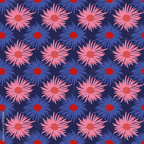 A seamless vector pattern with vibrant simple flower heads in geometric layout. pink and blue surface print design. great for happy cards and textiles.