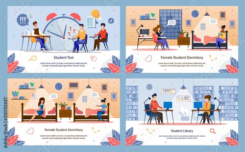 Modern Students Life and Activities Trendy Flat Vector Banners, Posters Templates Set. Multinational Female, Male Students Taking Tests, Learning in College Library, Resting in Dormitory Illustration