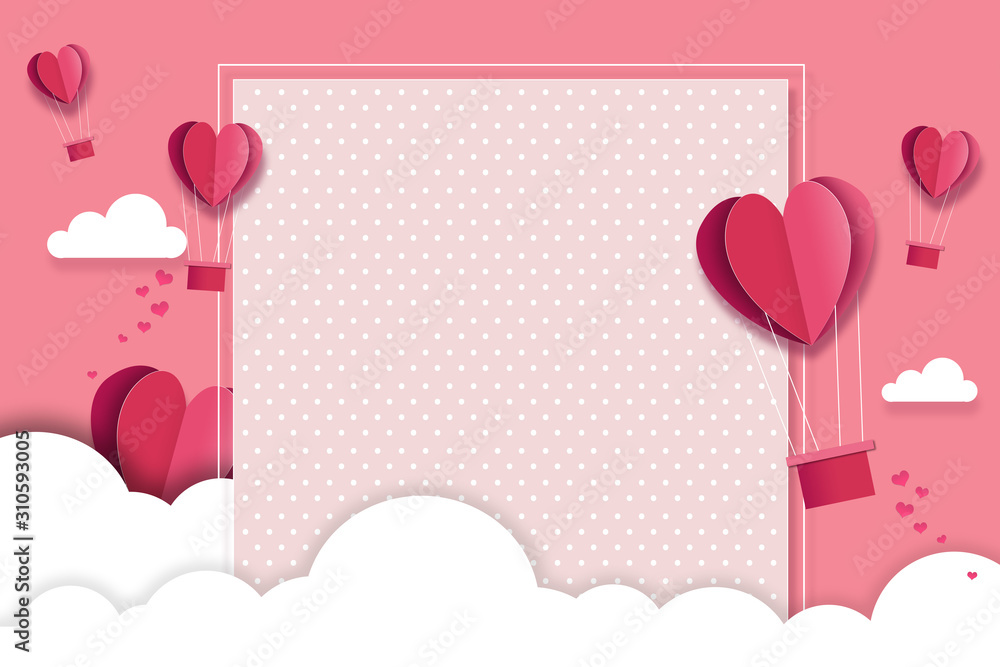 Happy Valentines day concept background. illustration. 3d pink paper hearts with white square frame.