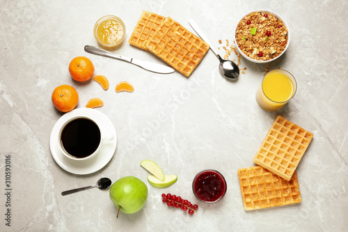 Fresh healthy breakfast on light grey marble table, flat lay. Space for text