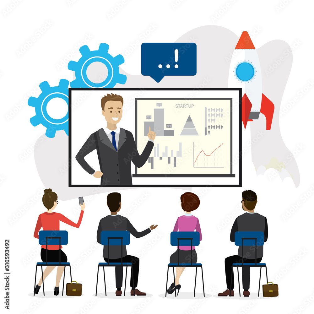 Fototapeta premium Group of business people sits in audience and watches webinar from big screen. Corporate training and meeting successful leadership