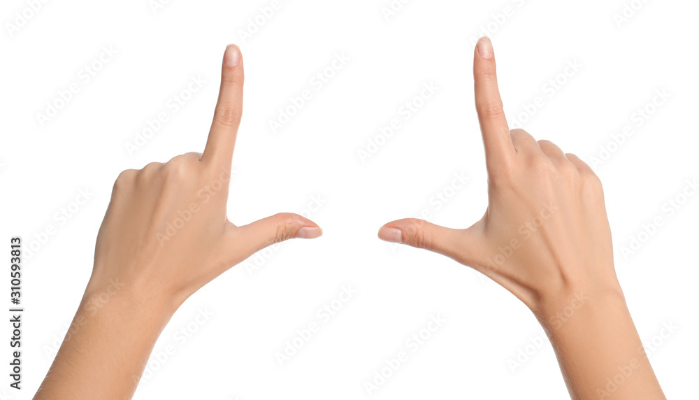 Woman making frame with hands on white background, closeup Woman making frame with hands on white background, closeup