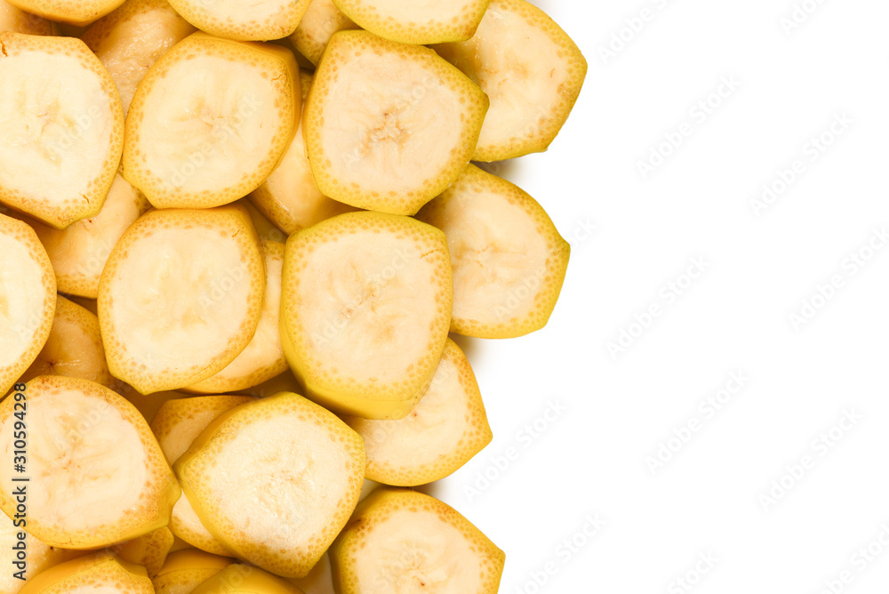 Fresh banana slices background. Top view. Fresh banana slices background. Top view.