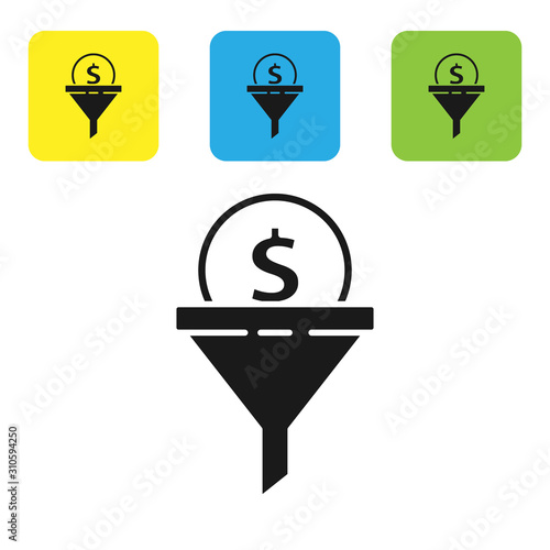 Black Lead management icon isolated on white background. Funnel with money. Target client business concept. Set icons colorful square buttons. Vector Illustration