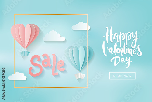 Valentine's day sale web banner of gentle pink and blue heart hot air balloons on blue sky shine background. Sale text for holiday shop discount promo design template with hand lettering