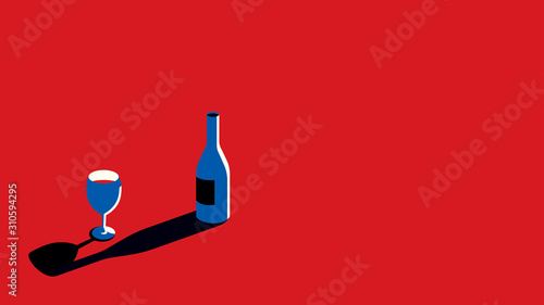 Bottle and glass with red wine in a minimal style