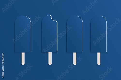 Set of ice cream on a stick in a row on a classic blue color background. One ice cream with bite marks or tooth marks.