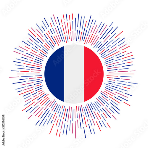 France sign. Country flag with colorful rays. Radiant sunburst with France flag. Vector illustration.