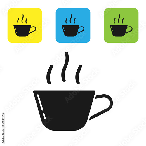 Black Coffee cup icon isolated on white background. Tea cup. Hot drink coffee. Set icons colorful square buttons. Vector Illustration